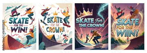 Dynamic illustrations of diverse skateboarders competing in vibrant skateparks, showcasing energy and enthusiasm.