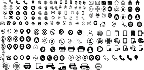 User Interface and Communication Icons Collection – Telephones, Envelopes, Location Pins, Printers, Computers, and More in Multiple Styles for Web, App, and Graphic Design Projects