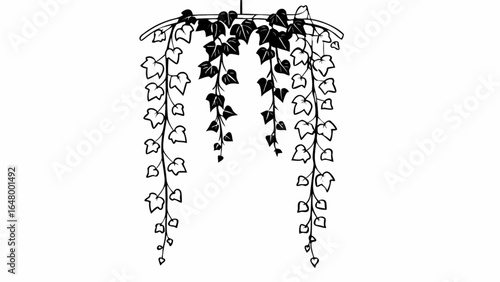 Illustration of a hanging plant with leaves suspended from a curved bar above