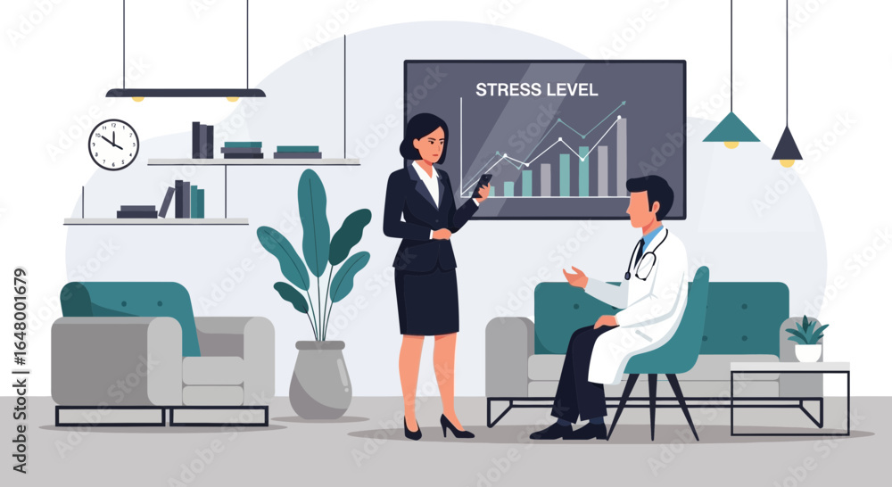 Businesswoman consulting doctor about stress levels, health consultation setting Businesswoman consulting doctor about stress levels, health consultation setting