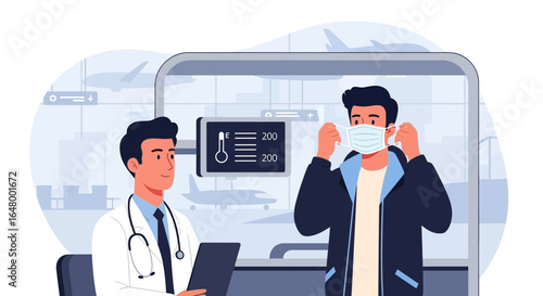 Traveler putting on a face mask at the airport with health professional present
