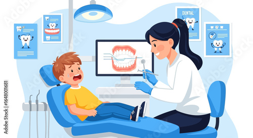 Worried child in dental chair with dentist preparing for examination