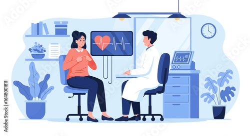Consultation with doctor, patient expressing concerns, cardiac health check illustration