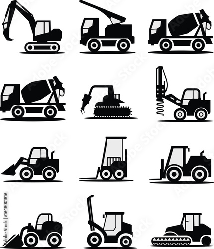 Vector Silhouette Set of Heavy Construction Machinery and Industrial Vehicles Including Excavators, Loaders, Cement Mixers, Bulldozers, and Forklifts