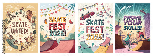 Vibrant skate festival posters showcasing diverse skaters in action, celebrating skills and community spirit.