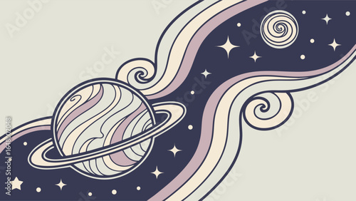 Planet in swirling space, cosmic art.
