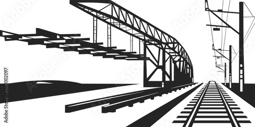 Black Vector Silhouette of Railway Bridge, Train Tracks, and Overhead Power Lines for Transportation Graphics, Industrial Design, Engineering Projects, Architecture Plans, and Infrastructure Artwork