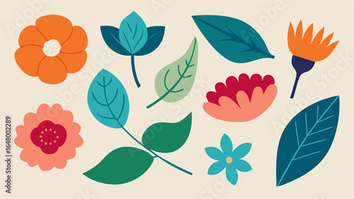 Colorful floral elements in various shades.
