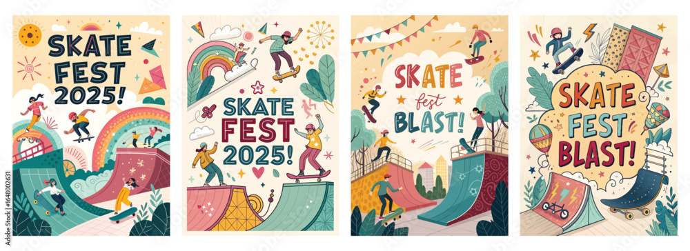 Obraz premium A vibrant collection of Skate Fest 2025 promotional illustrations featuring diverse skaters, colors, and dynamic designs.