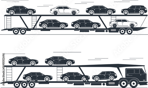 Vector Illustration of Open Car Carrier Trailers Transporting Multiple Sedans and SUVs for Long-Distance Vehicle Delivery, Automotive Logistics, Shipping, and Road Freight Transport Services