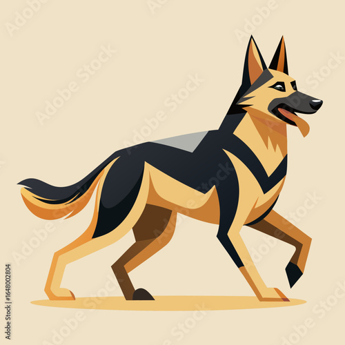 German Shepherd dog, walking, stylized illustration.
