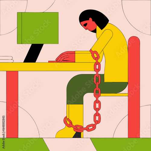 Woman chained to computer, trapped by digital work.
