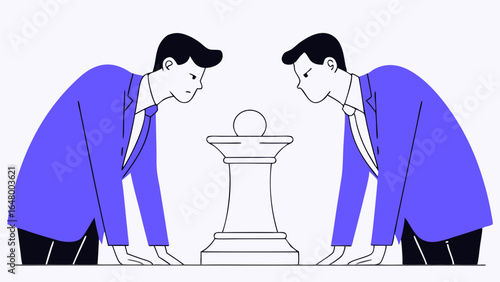 Two figures in suits confront a chess piece. Conflict and strategy.
