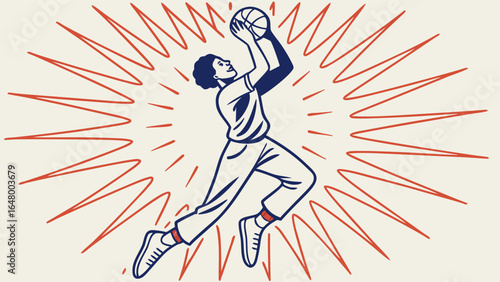 A basketball player leaps, catching the ball in mid-air.
