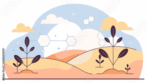 Desert landscape with futuristic, organic shapes.
