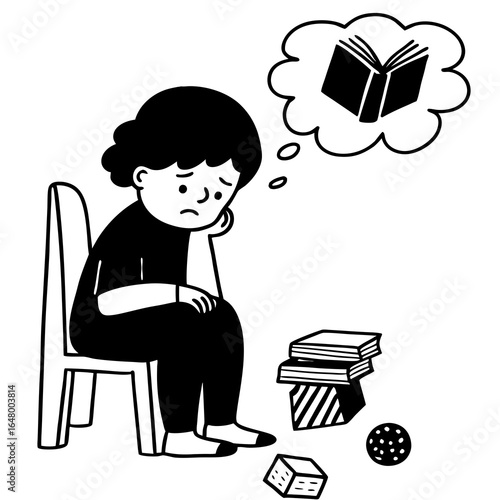 Sad child surrounded by books, lost in thought.
