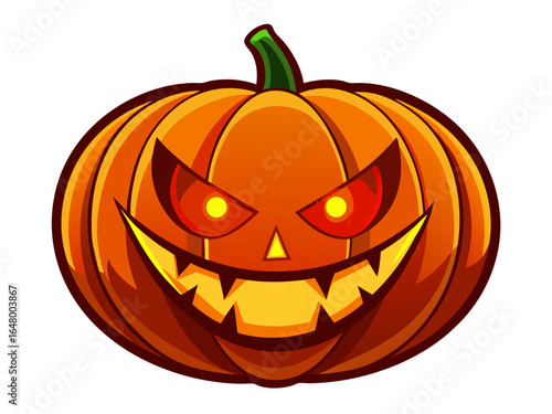Smiling pumpkin with glowing red eyes and a menacing grin.
