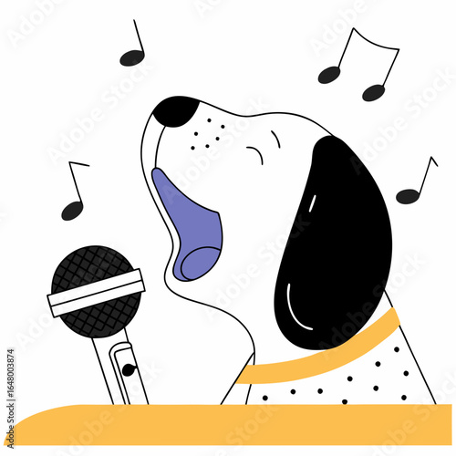 Dog sings into a microphone, joyful music.
