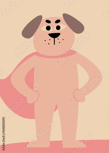 Pink dog superhero with cape, hands on hips.
