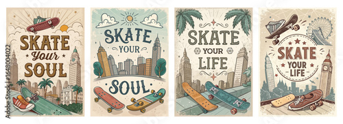 Colorful skateboarding-themed illustrations featuring vibrant cityscapes and motivational slogans.