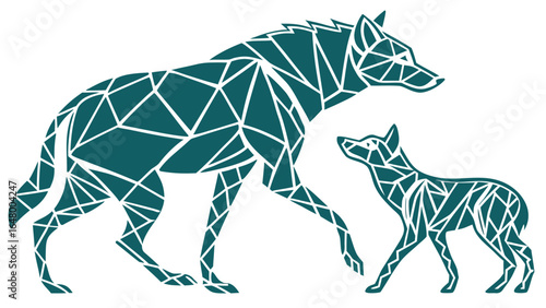 Teal-shaded wolf and pup, stylized with polygon shapes.
