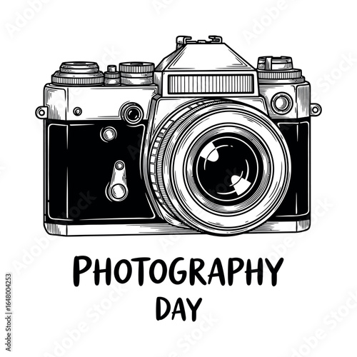 Vintage camera illustration for photography day isolated on white background, detailed drawing