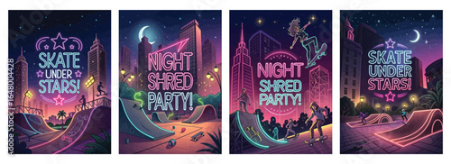 Colorful urban skateboarding scene featuring diverse skaters under a starry night sky.
