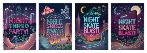 Colorful neon illustrations of skateboarding and snowboarding at a night event with a vibrant city backdrop.