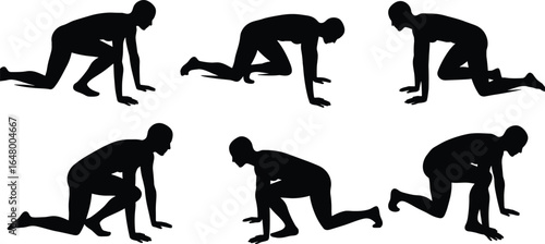 Silhouette sequence of male athlete in starting crouch position preparing to sprint, vector illustration showing track running start posture stages