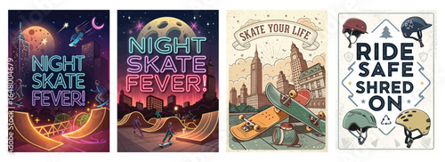 Colorful skate-themed posters featuring vibrant designs and energetic scenes of nighttime skating.