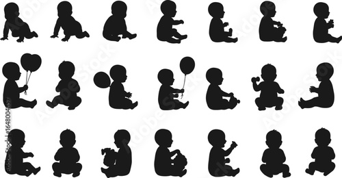 baby silhouette collection, babies holding balloons, sitting baby poses, infant profile, toddler silhouette, baby playing, baby side view, newborn sitting, child outline, baby icon