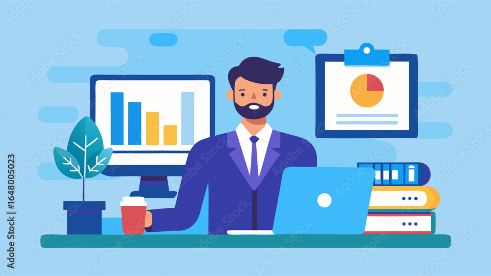 Fototapeta premium Businessman working at a desk, surrounded by graphs and reports.