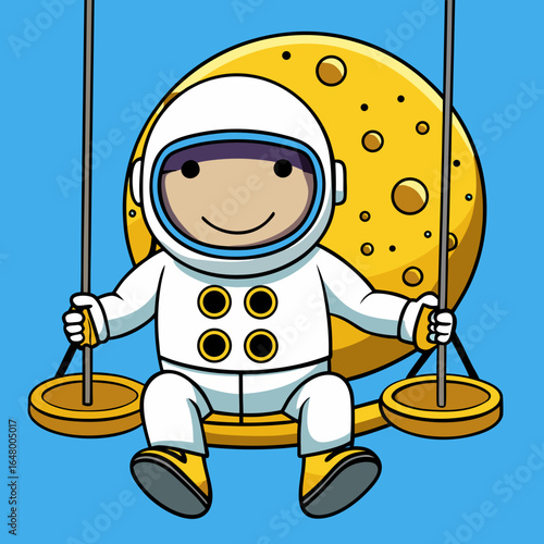Smiling astronaut swings on a moon-shaped swing.
