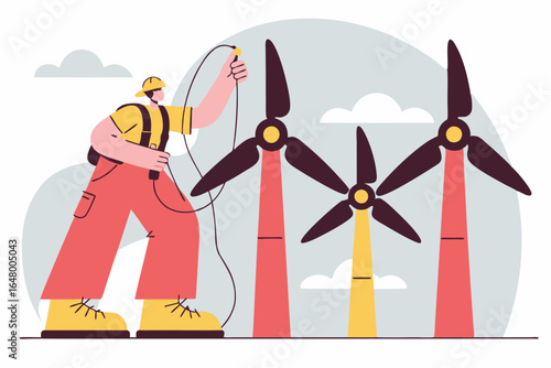Worker connects wind turbines, promoting sustainable energy.
