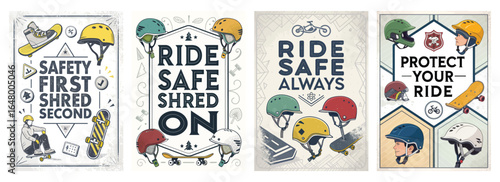 Colorful safety posters promoting skateboarding and cycling safety for all ages and skill levels.