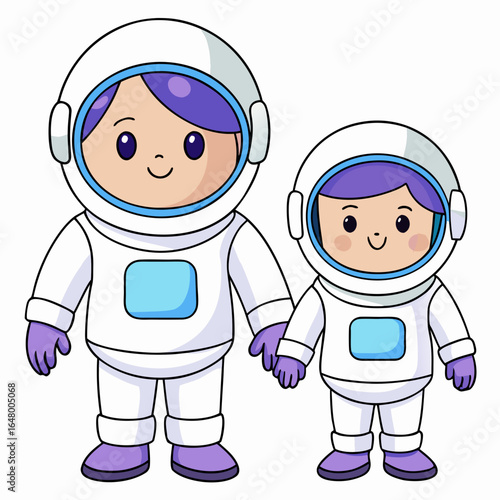 Two astronauts, holding hands, a cute space adventure.
