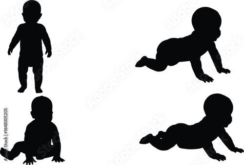 baby silhouette crawling and sitting, infant growth stages, toddler standing, newborn milestone illustration, child development phases, early movement skills, baby evolution process
