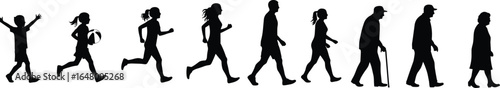 human life stages silhouette, childhood to old age evolution, growing up process illustration, people aging concept, generational timeline graphic, aging stages art