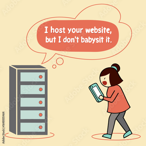 Woman frustrated with website hosting, ignoring technical issues.
