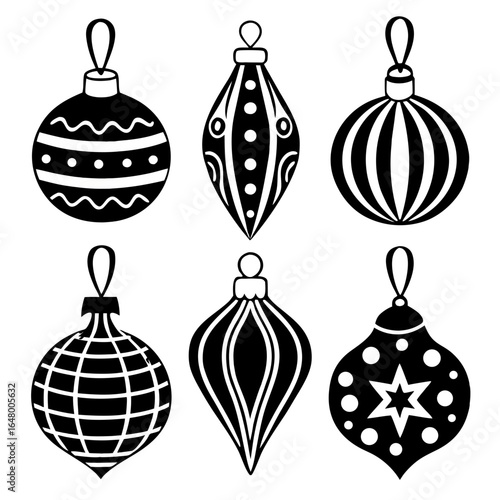 Six black and white Christmas ornaments.
