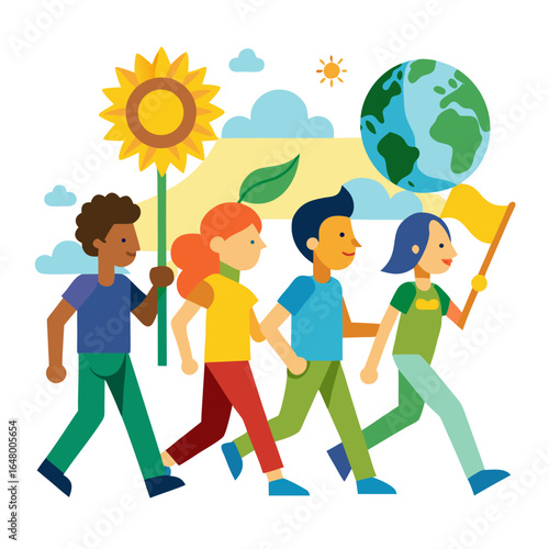 Children march, holding flags and plants, for environmental change.
