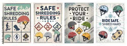 Colorful safety posters featuring skateboarding and biking rules, showcasing helmets and illustrations.