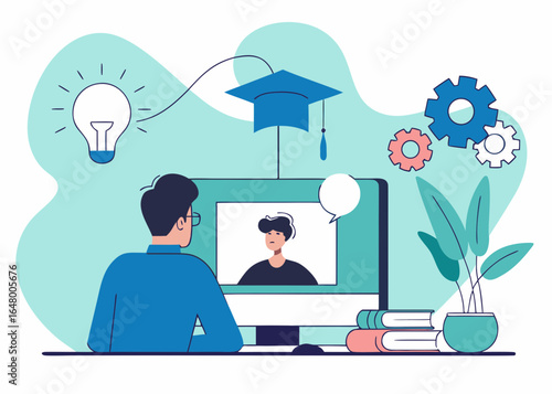 Online learning, student watching a video lecture.
