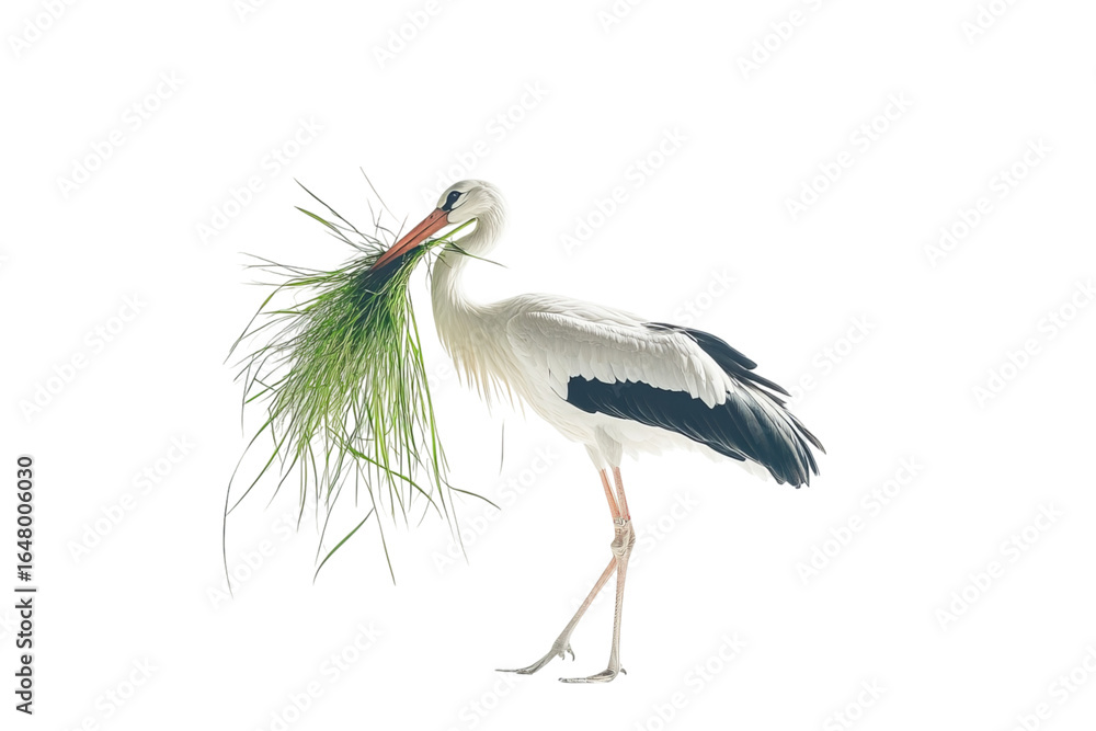 Fototapeta premium A beautiful stork carrying a bundle of grass, showcasing its elegant plumage and graceful posture.