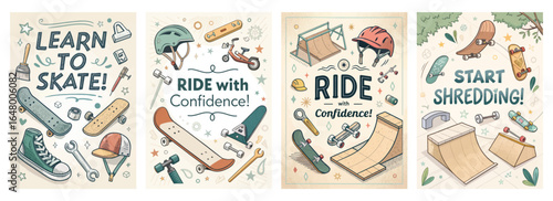 Colorful skateboarding illustrations promoting safety and skill for all ages and levels.