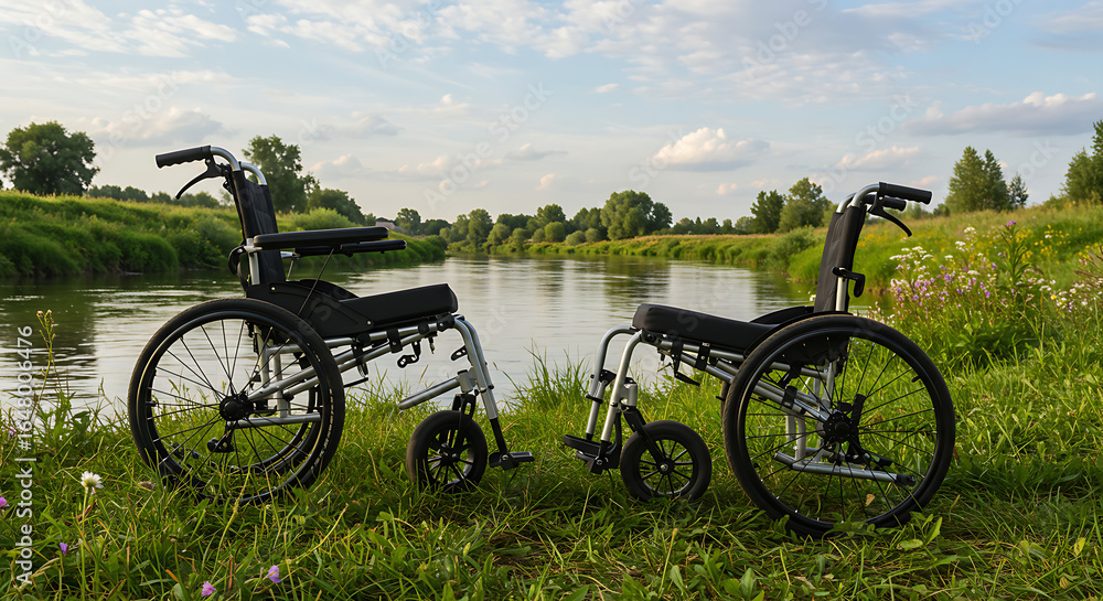 Fototapeta premium Two empty wheelchairs sit side-by-side on a grassy bank beside a calm river in daylight.