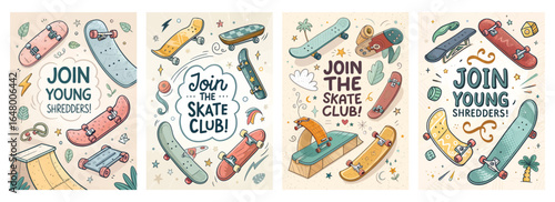 Colorful and playful skateboarding-themed illustrations inviting youth to join skate clubs.