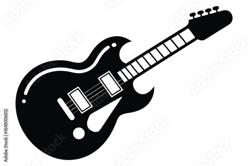 Isolated black silhouette illustration of an electric guitar with visible strings and tuning pegs