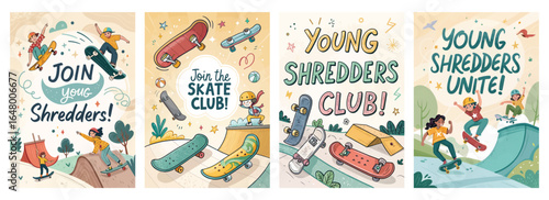 Colorful illustrated posters promoting a skate club for young shredders, featuring diverse kids enjoying skateboarding.