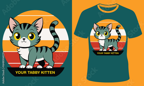 Adorable chubby tabby kitten with big eyes standing proudly on a vintage sunset background design